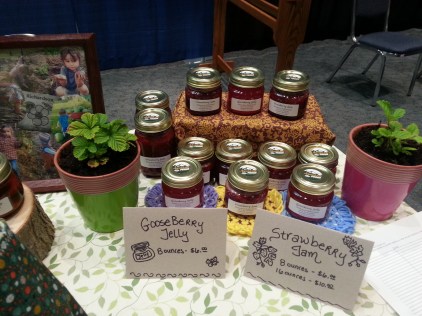 Strawberry jam and gooseberry jelly (the gooseberry bush that we have is about 35 years old!).